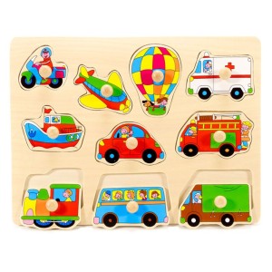 Puzzle din lemn cu maner, Mijloace de transport, dimensiune: cutie: 30x3x22 cm – fotografie produs