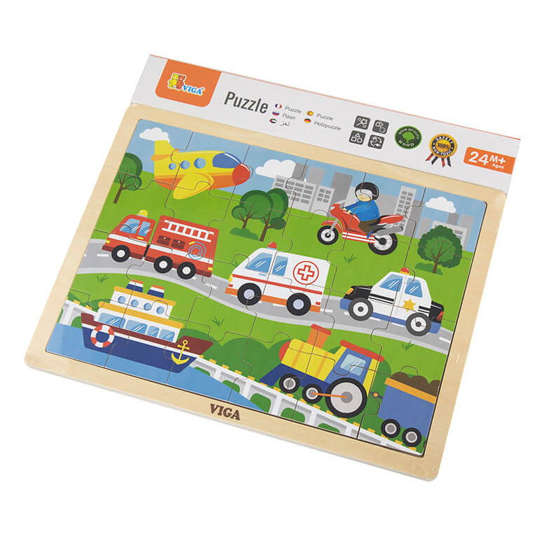 Puzzle din lemn 24 buc. Vehicule – Viga Toys Puzzle din lemn 24 buc. Vehicule, dimensiune: 30x23x1 cm – fotografie produs