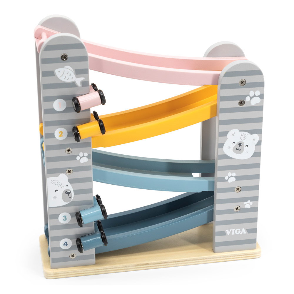 Masinute pe rampa, nordic colors – Viga Toys Masinute pe rampa, nordic colors, culoare: Multicolor, dimensiune: 26x24x9 cm – fotografie produs