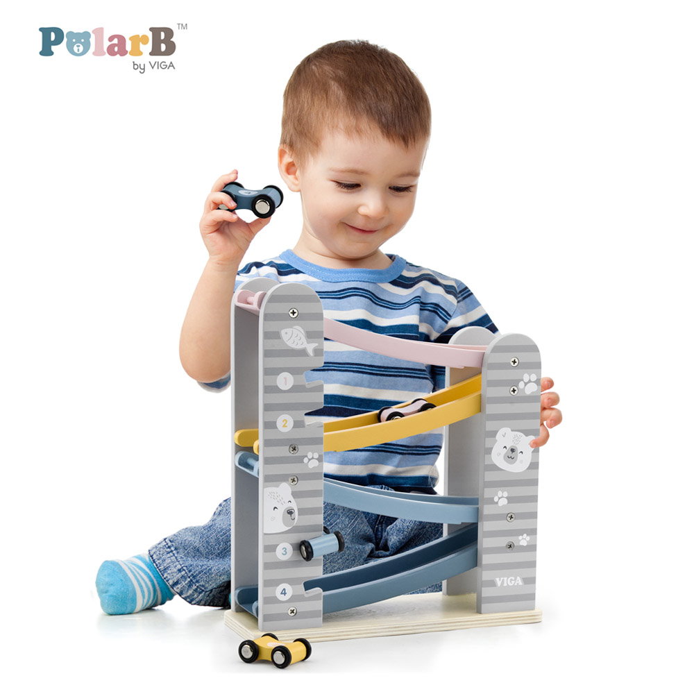 Masinute pe rampa, nordic colors – Viga Toys Masinute pe rampa, nordic colors, culoare: Multicolor, dimensiune: 26x24x9 cm – fotografie produs