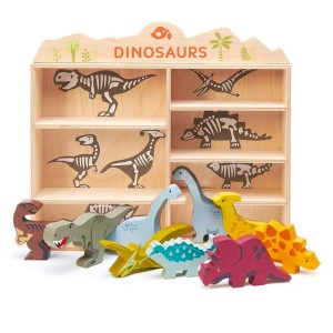 Set Dinozauri cu raft din lemn, Tender Leaf Toys, culoare: Multicolor, dimensiune: 36x33x8 cm – fotografie produs