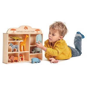 Animale Safari din lemn cu raft, Tender Leaf Toys, culoare: Multicolor, dimensiune: 38x32x7 cm – fotografie produs