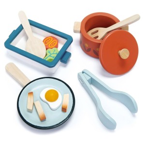 Set de vase si ustensile pentru gatit din lemn, Tende Leaf Toys, culoare: Multicolor, dimensiune: cutie: 21x20x7 cm – fotografie produs