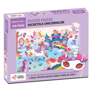 Secretele unicornilor, puzzle cu ochelari, 100 piese, culoare: Multicolor, dimensiune: imagine puzzle: 49x36 cm – fotografie produs