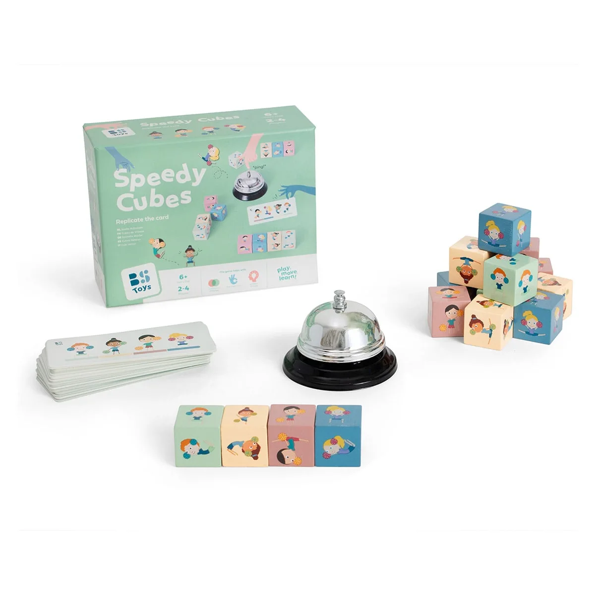 Joc de rapiditate cu sonerie si cuburi din lemn, culoare: Multicolor, dimensiune: 18x14x7 cm – fotografie produs