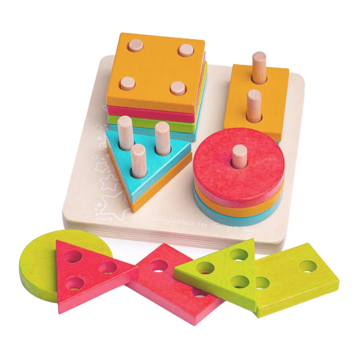 Joc de sortare si stivuire forme geometrice BigJigs, dimensiune: 15x15x6 cm – fotografie produs