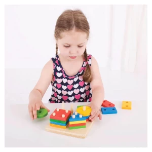 Joc de sortare si stivuire forme geometrice BigJigs, dimensiune: 15x15x6 cm – fotografie produs