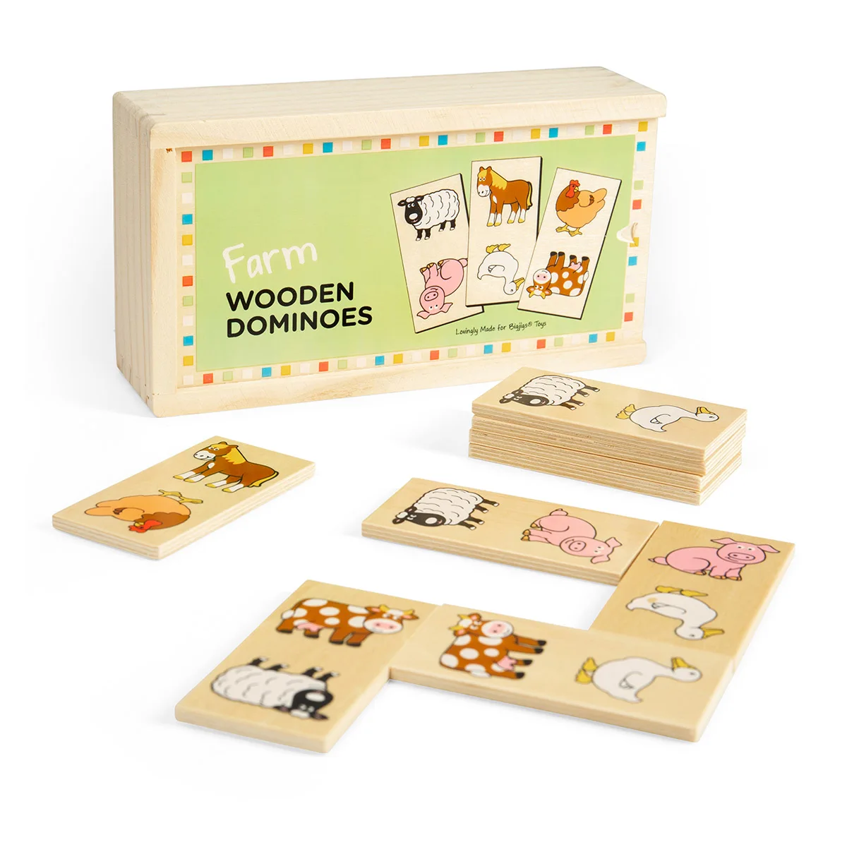 Domino din lemn, Animale de ferma, BigJigs Toys, dimensiune: cutie: 19x10x5 cm – fotografie produs