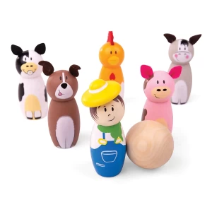 Set popice din lemn, Animale de ferma, culoare: Multicolor, dimensiune: popice: 8.5x3 cm – fotografie produs