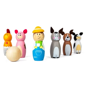 Set popice din lemn, Animale de ferma, culoare: Multicolor, dimensiune: popice: 8.5x3 cm – fotografie produs