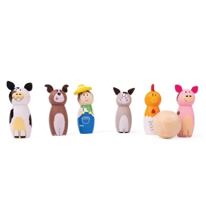 Set popice din lemn, Animale de ferma, culoare: Multicolor, dimensiune: popice: 8.5x3 cm – fotografie produs