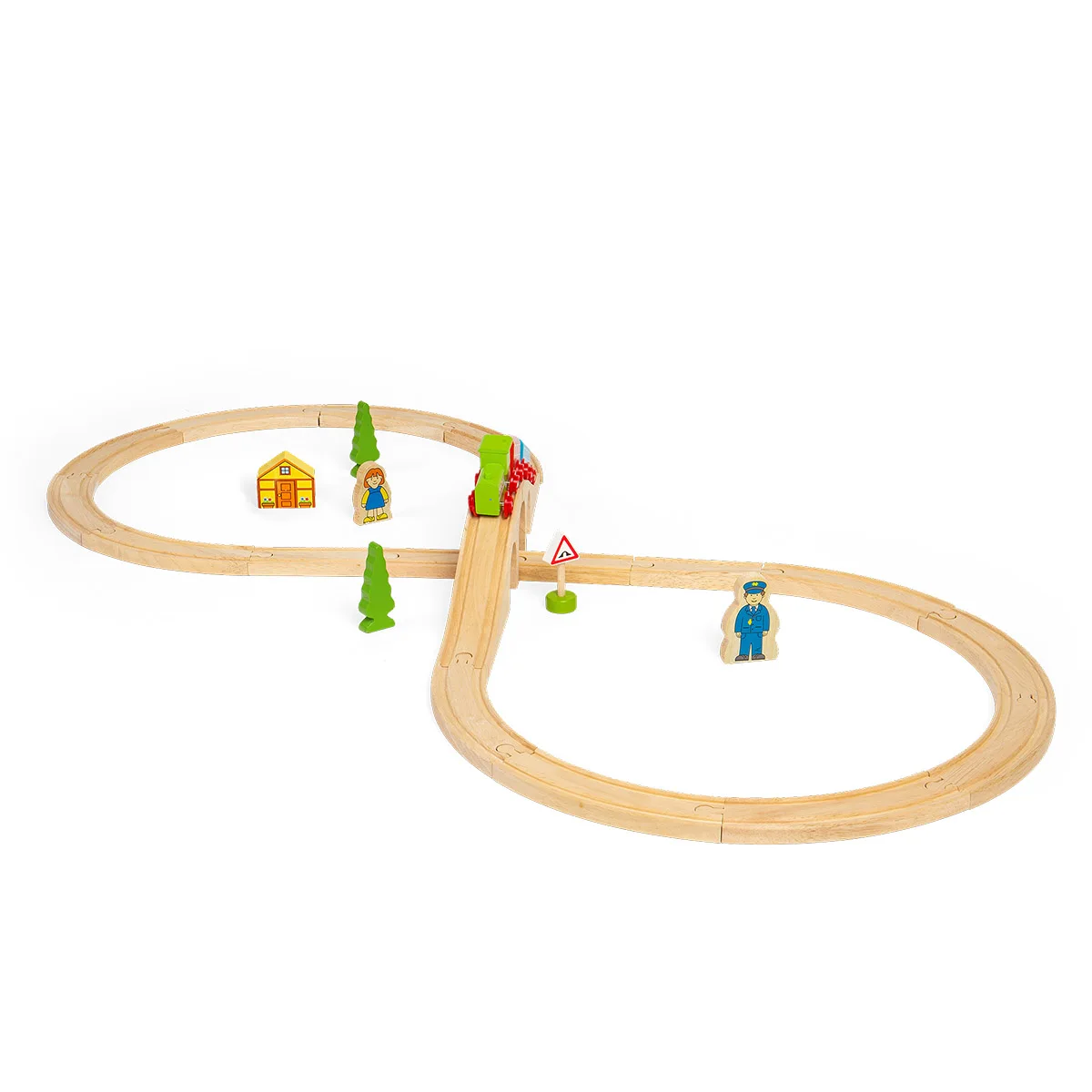 Set tren cu cale ferata in forma de 8, BigJigs Toys, dimensiune: cutie: 39x27x6 cm – fotografie produs