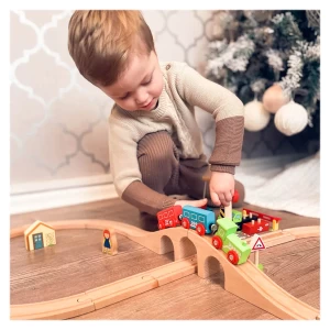 Set tren cu cale ferata in forma de 8, BigJigs Toys, dimensiune: cutie: 39x27x6 cm – fotografie produs