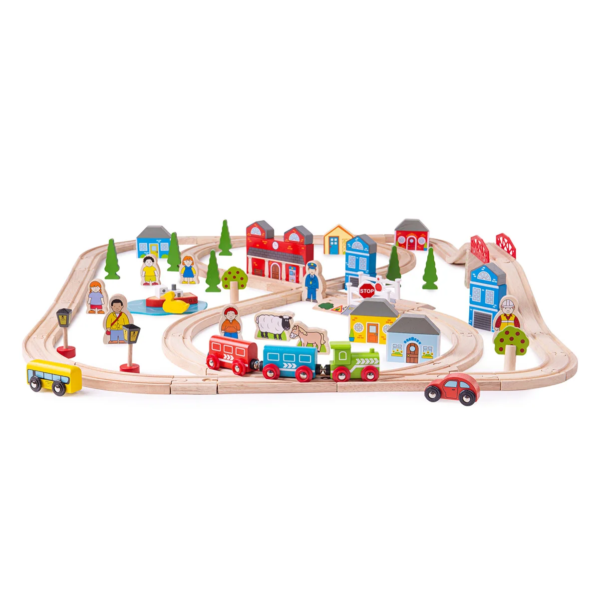 Circuit auto si feroviar, 91 piese, BigJigs Toys, dimensiune: cutie: 58x36x9 cm – fotografie produs