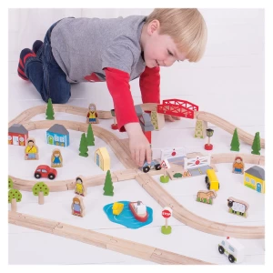 Circuit auto si feroviar, 91 piese, BigJigs Toys, dimensiune: cutie: 58x36x9 cm – fotografie produs