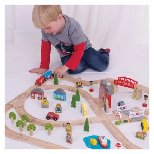 Circuit auto si feroviar, 91 piese, BigJigs Toys, dimensiune: cutie: 58x36x9 cm – fotografie produs