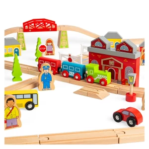 Circuit auto si feroviar, 91 piese, BigJigs Toys, dimensiune: cutie: 58x36x9 cm – fotografie produs