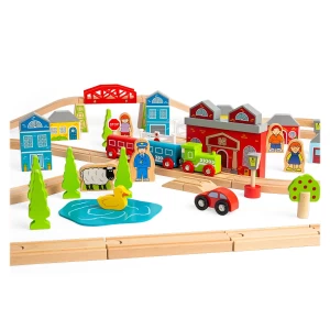 Circuit auto si feroviar, 91 piese, BigJigs Toys, dimensiune: cutie: 58x36x9 cm – fotografie produs