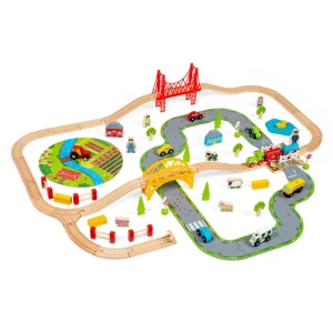 Circuit auto si feroviar 80 piese, BigJigs Toys, dimensiune: cutie: 58x36x10 cm – fotografie produs