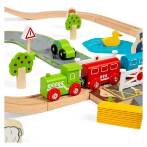 Circuit auto si feroviar 80 piese, BigJigs Toys, dimensiune: cutie: 58x36x10 cm – fotografie produs