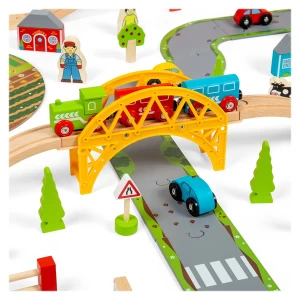 Circuit auto si feroviar 80 piese, BigJigs Toys, dimensiune: cutie: 58x36x10 cm – fotografie produs