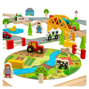 Circuit auto si feroviar 80 piese, BigJigs Toys, dimensiune: cutie: 58x36x10 cm – fotografie produs