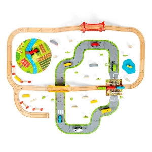 Circuit auto si feroviar 80 piese, BigJigs Toys, dimensiune: cutie: 58x36x10 cm – fotografie produs